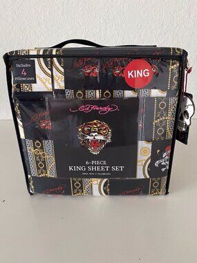 6 Piece Ed Hardy KING Size Sheet Set Americana Asian Tattoo Tiger Print Black